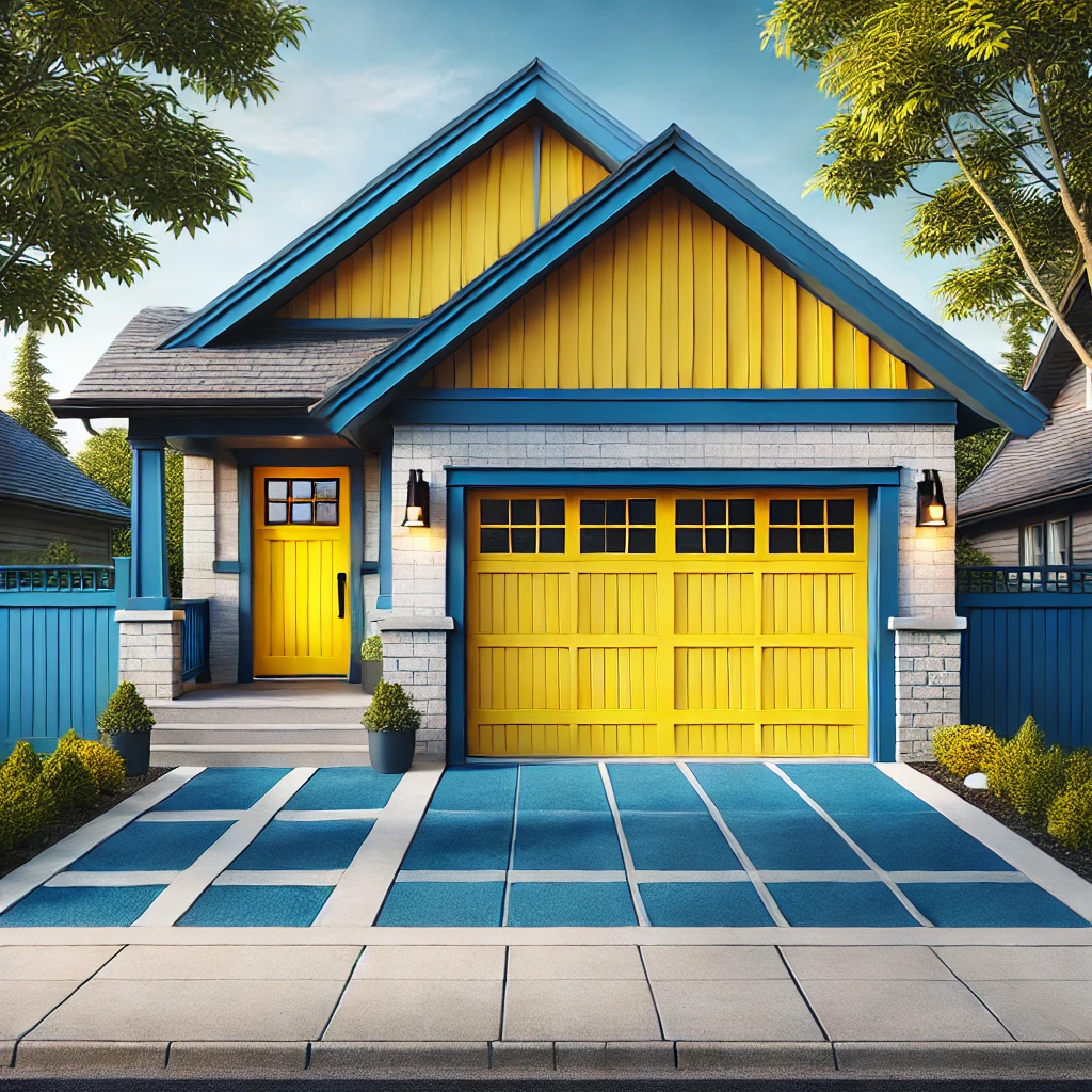 Yellow Garage Door with Blue Driveway Accent