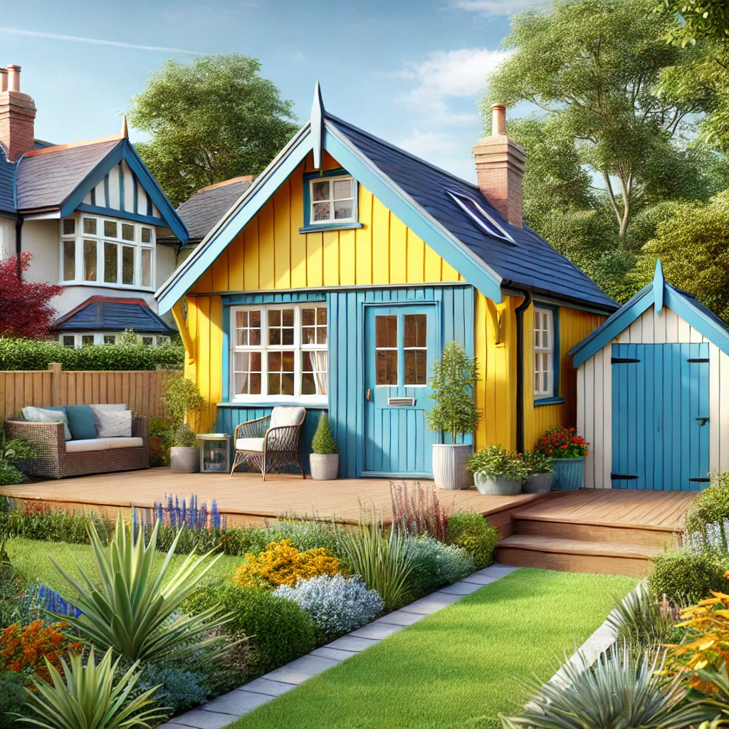 Yellow Garden Shed with Blue Roof