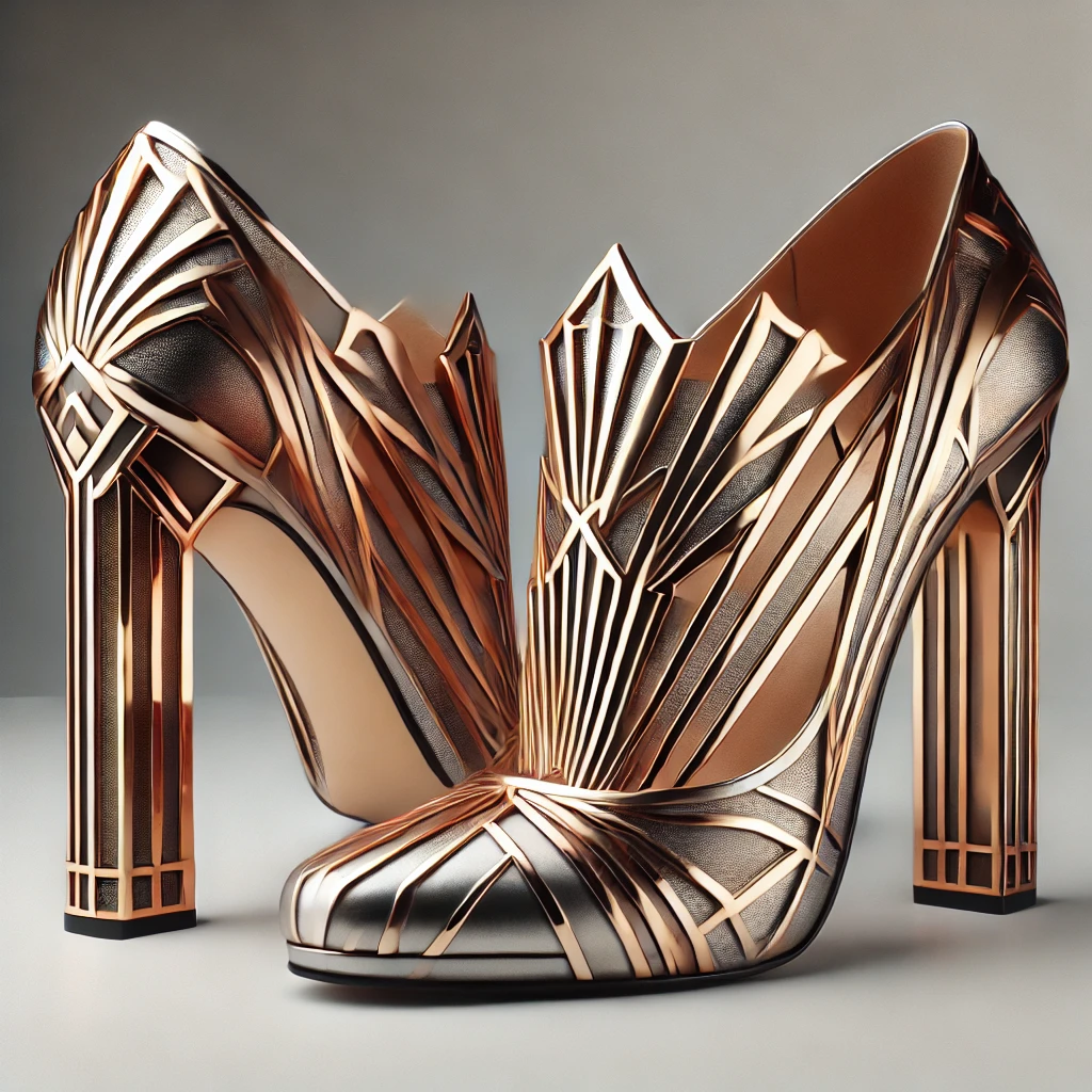 Art Deco Influence Geometric Heels with Metallic Finishes.