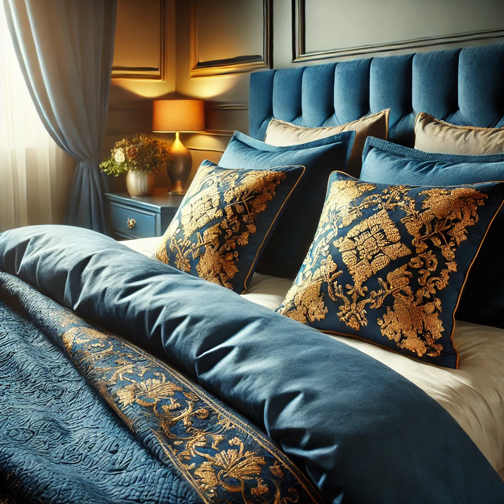 Blue Bedding with Golden Pillows