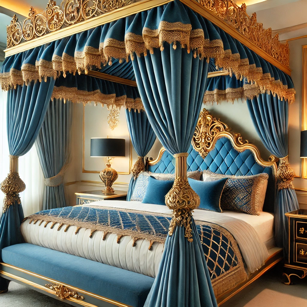 Blue Canopy Bed with Gold Accents