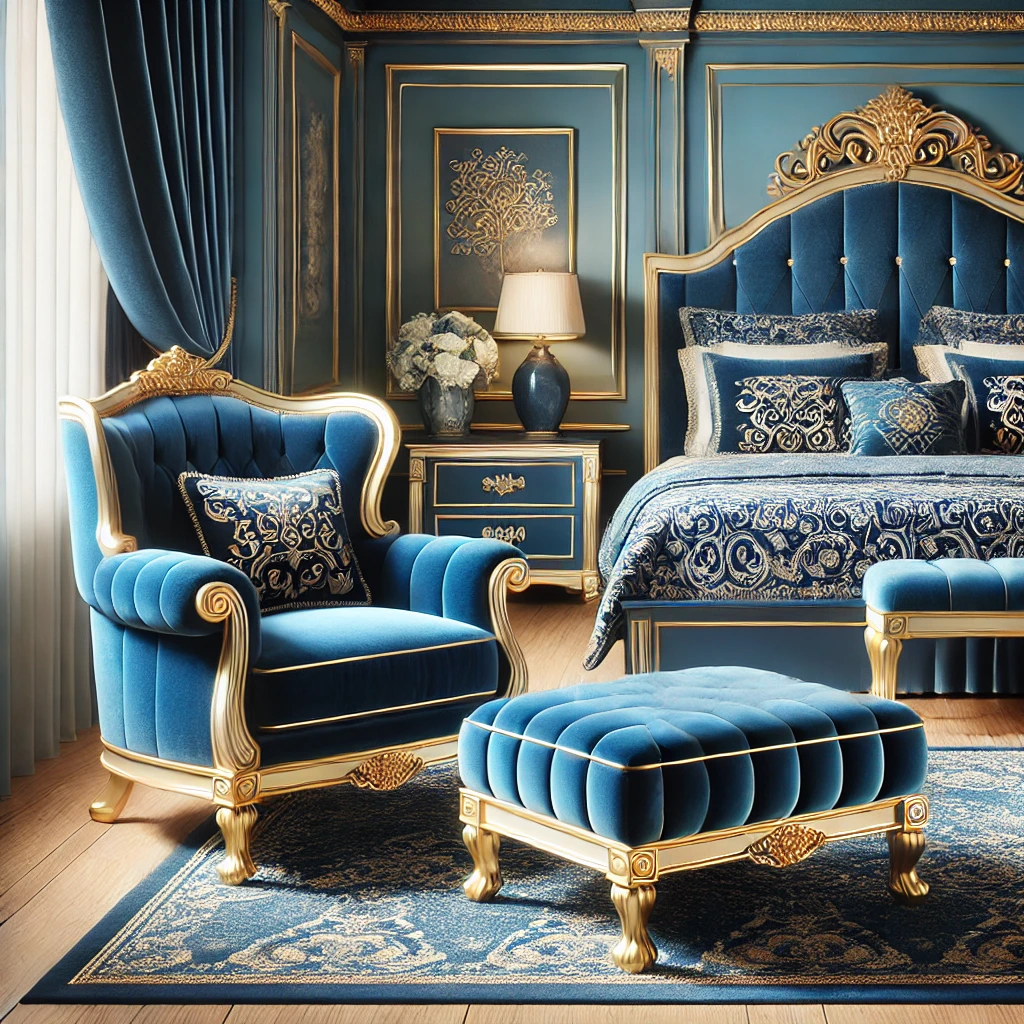 Blue Velvet Upholstered Furniture with Gold Trims