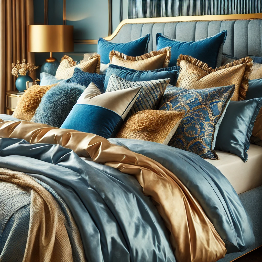 Blue and Gold Bedding with Layered Textures