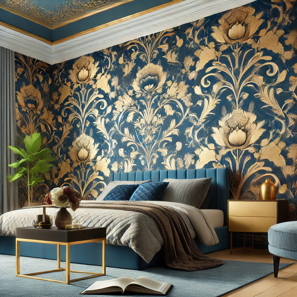 Blue and Gold Wallpaper for a Feature Wall