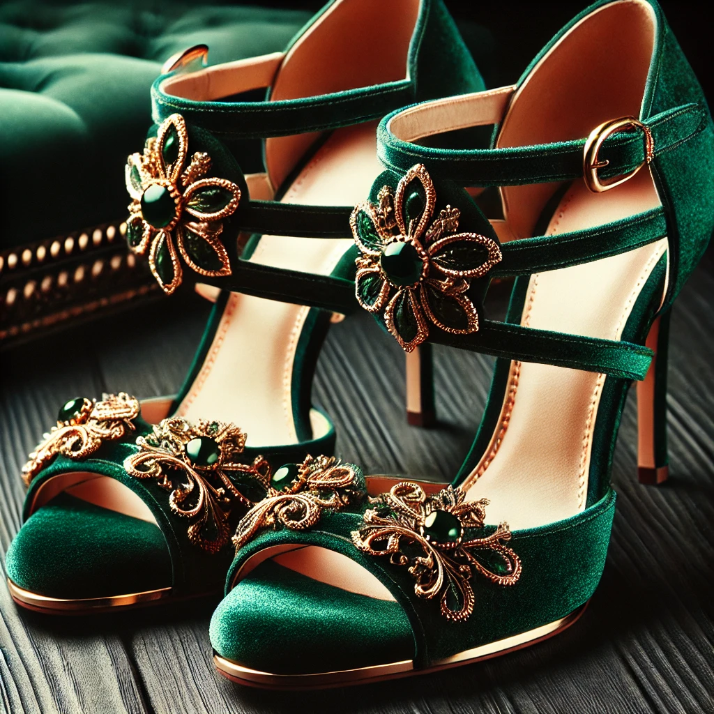 Emerald Green Elegance Heels with Velvet Finish and Gold Detailing.