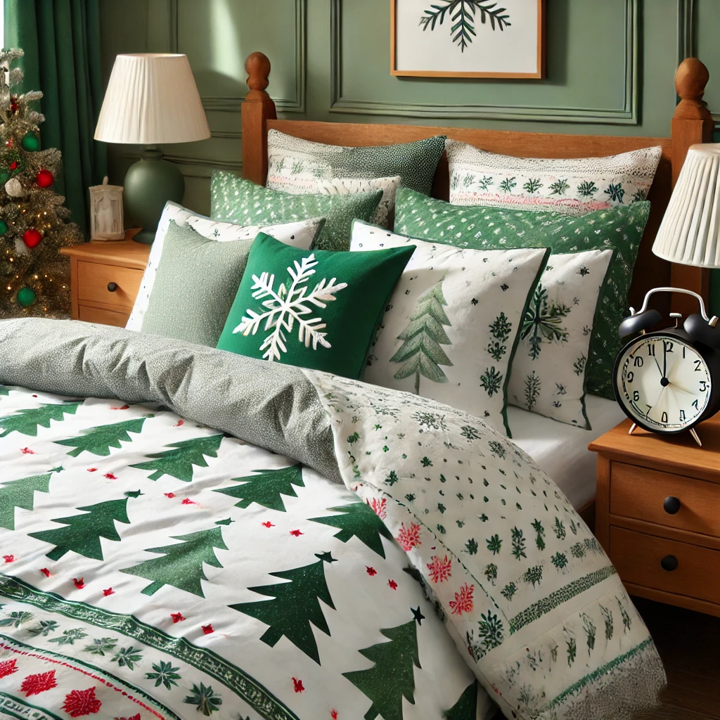 Festive White and Green Bedding Set