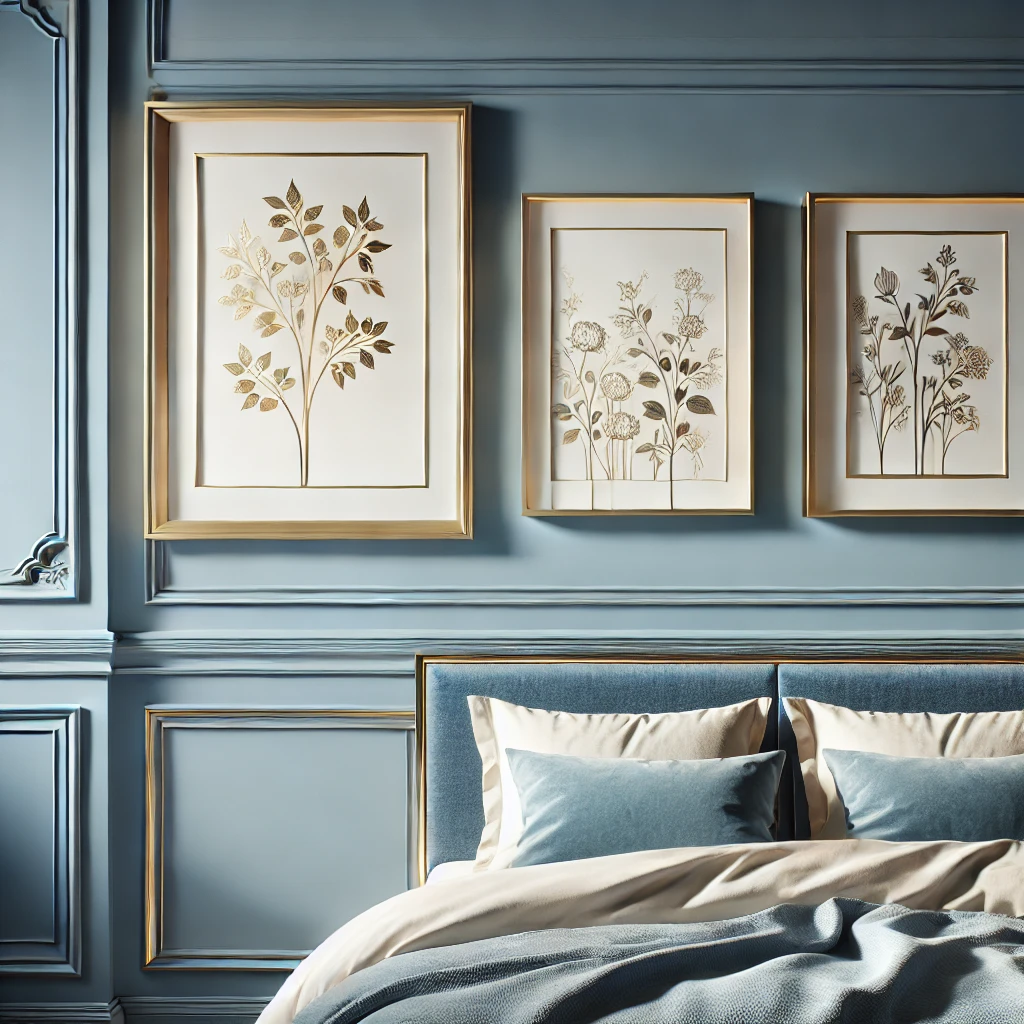 Gold-Framed Artwork on Blue Walls