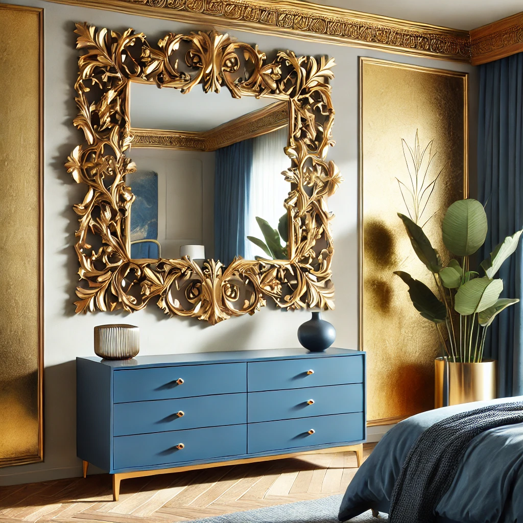 Gold Leaf Mirror Over a Blue Dresser