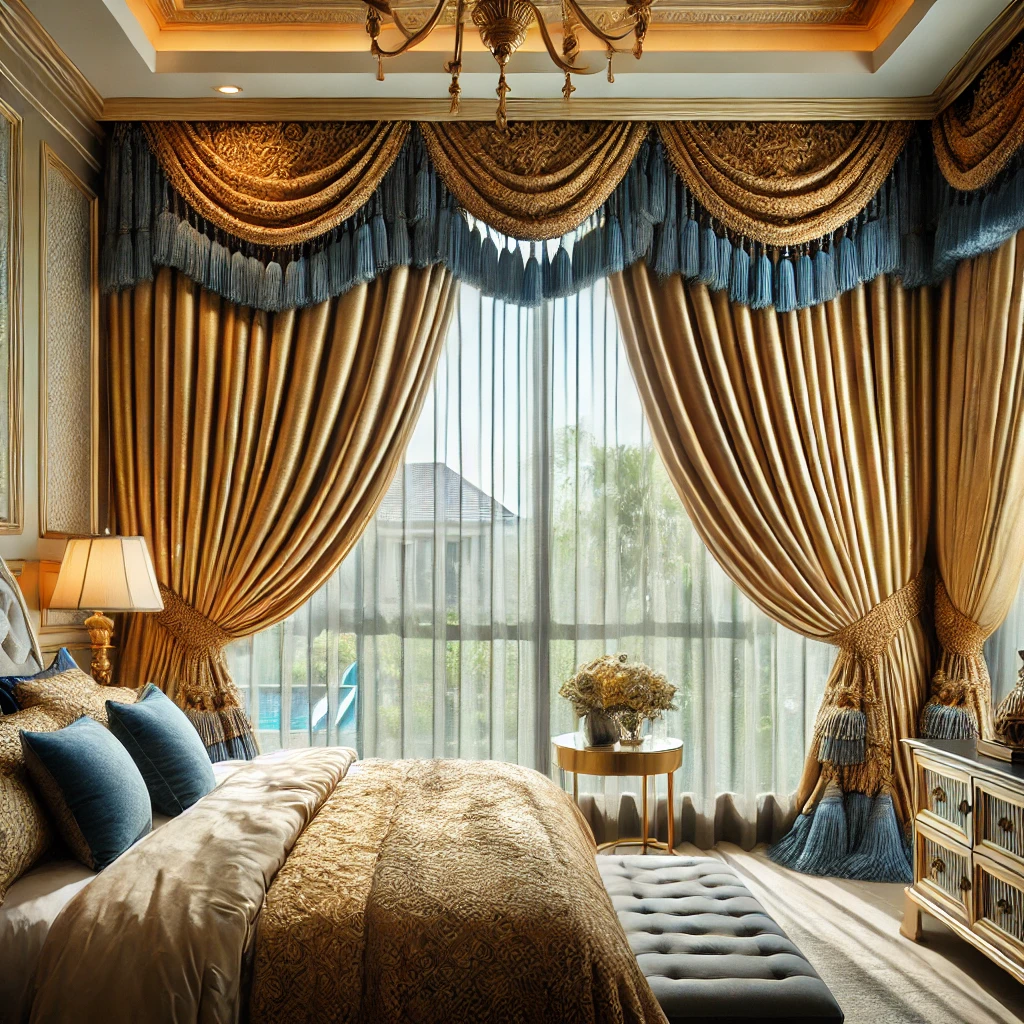 Golden Curtains with Blue Tassels