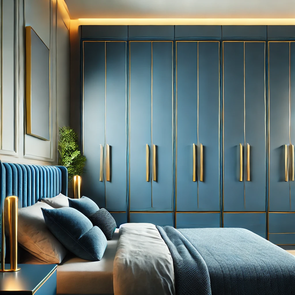 Golden Hardware on Blue Wardrobes