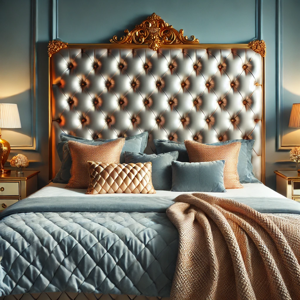 Golden Headboard Against Soft Blue Walls