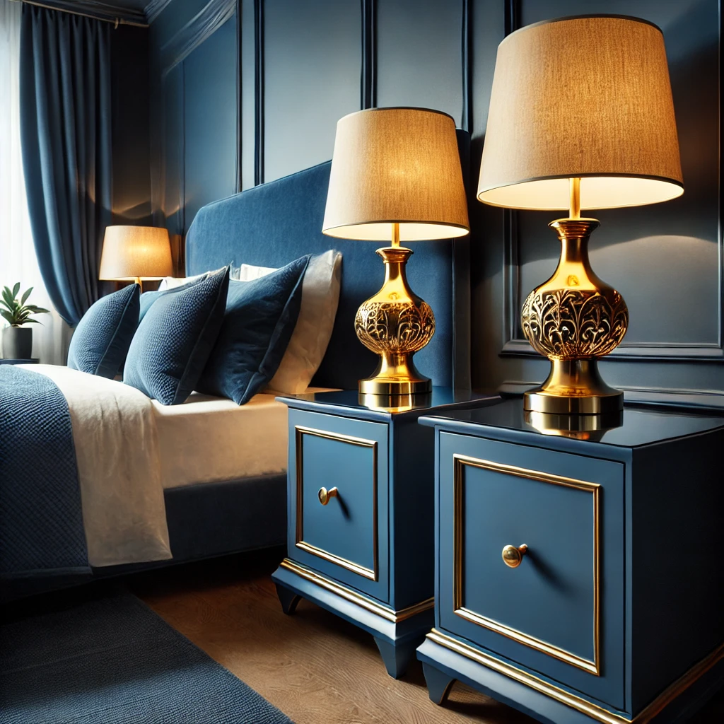 Golden Lamps on Navy Blue Nightstands