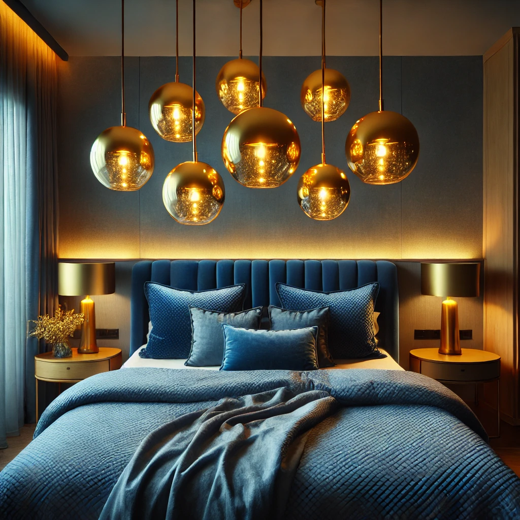 Golden Pendant Lights Over a Blue Bedspread