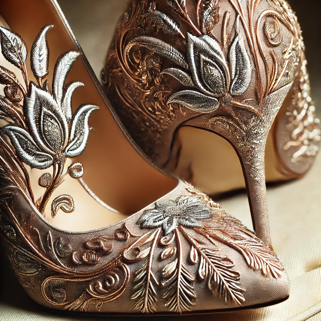 Metallic Embroidery Heels with Threaded Detailing.