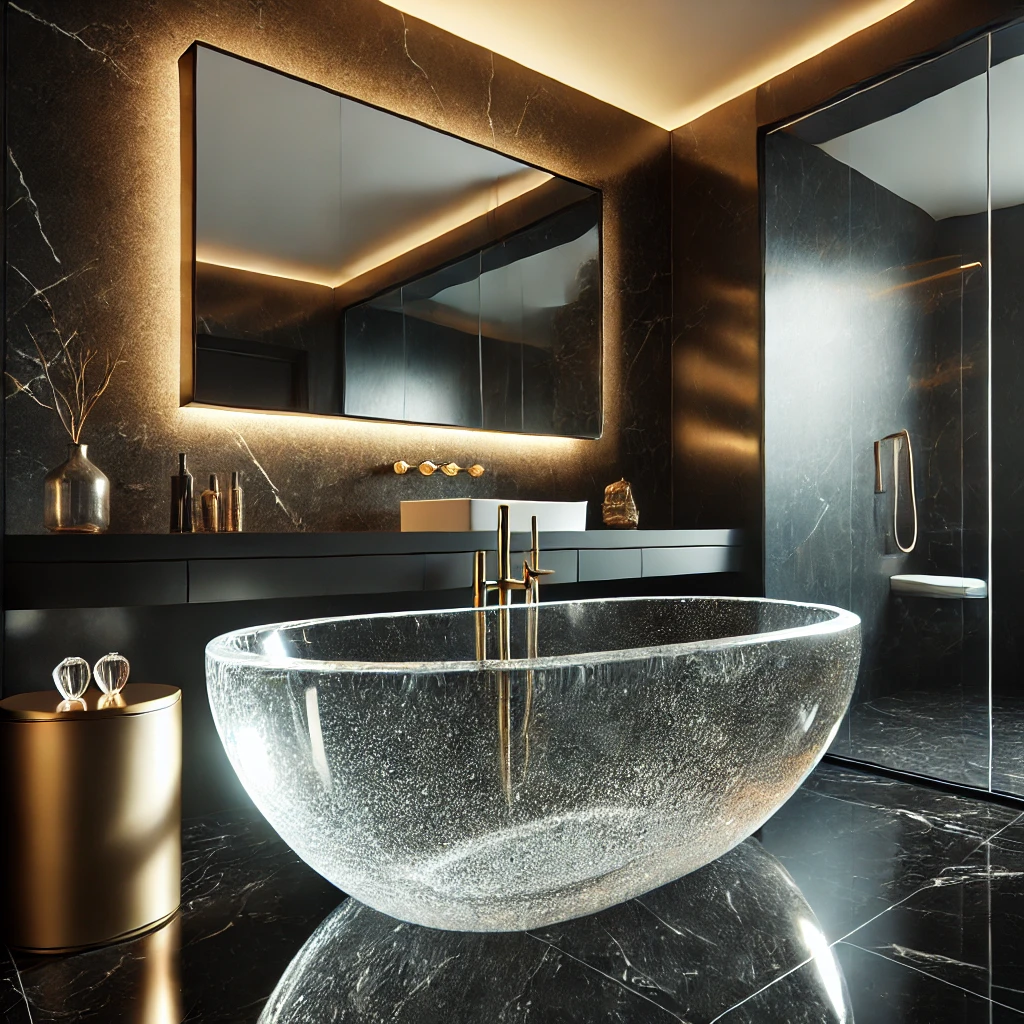 Modern Glamour Crystal Bathtub in a High-Gloss Black Bathroom