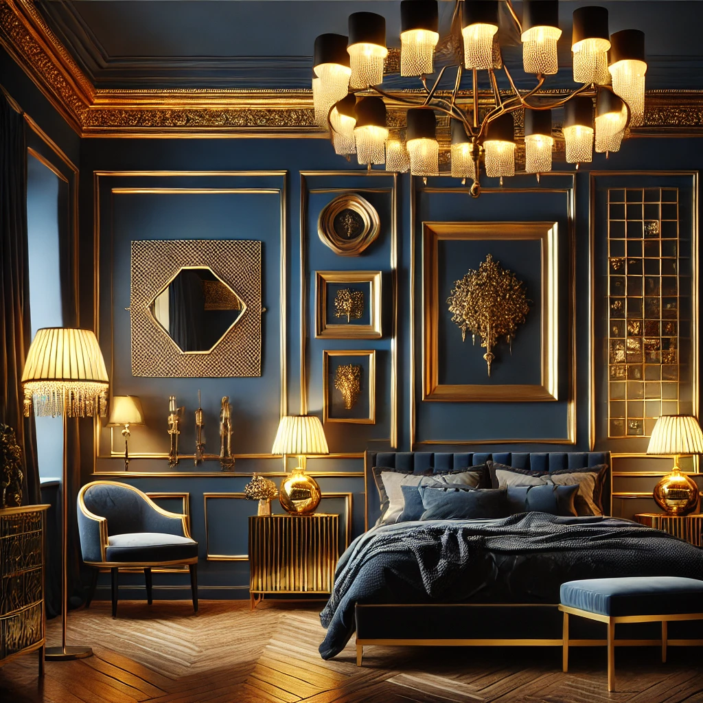 Rich Navy Blue Walls with Golden Accents