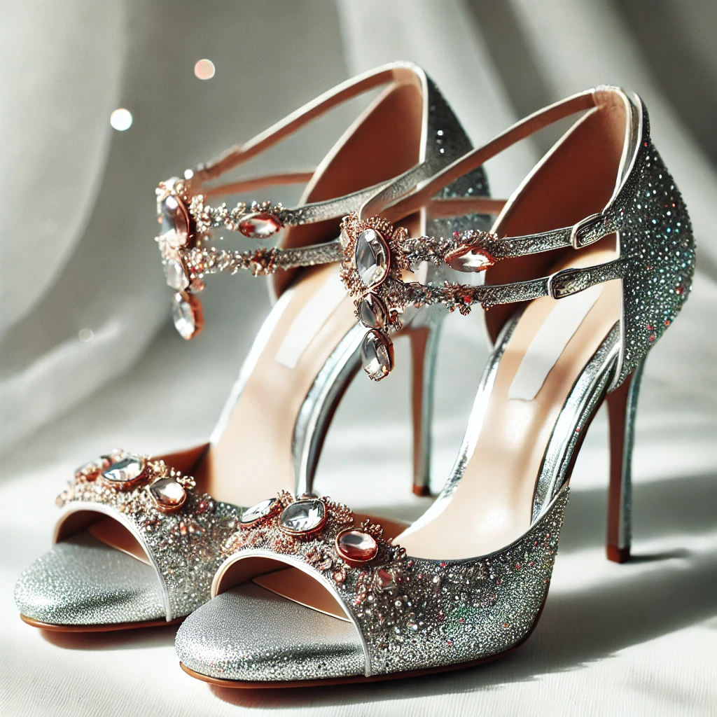 Silver Shimmer Embellished Heels with Gemstone Accents.