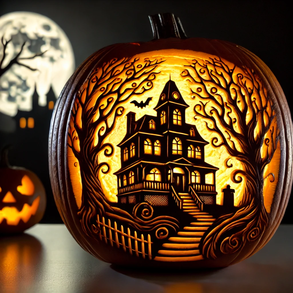 The Haunted House Scene Pumpkin Design