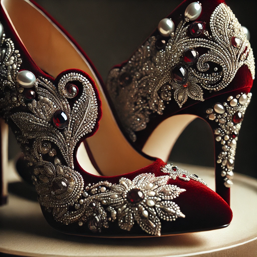 Velvet Heels with Beaded Detailing Plush Elegance.