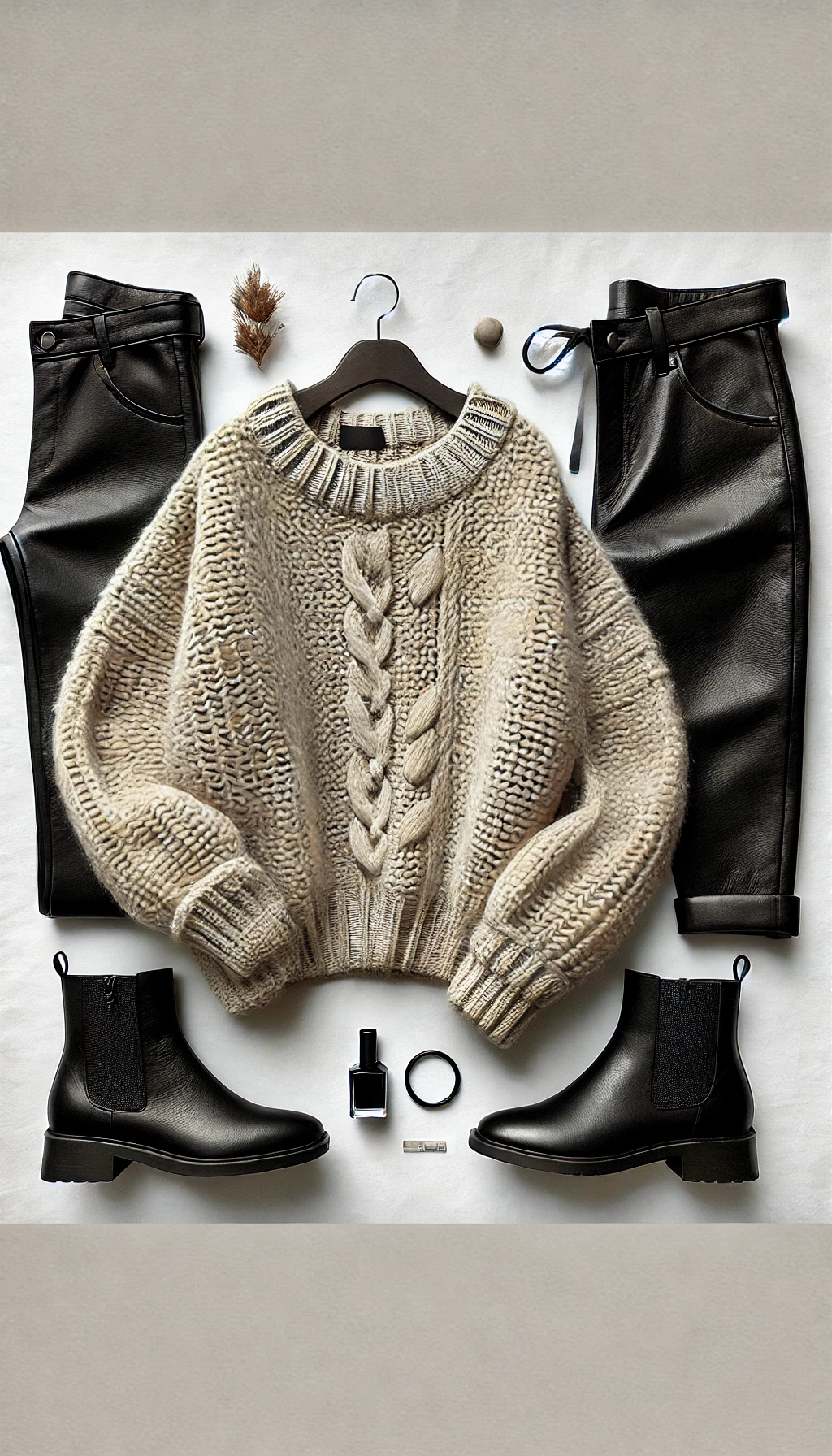 Chunky Knit Sweater with Leather Pants