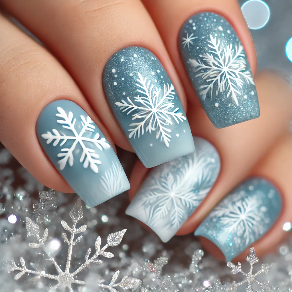 Frosty Snowflakes on Soft Blue.