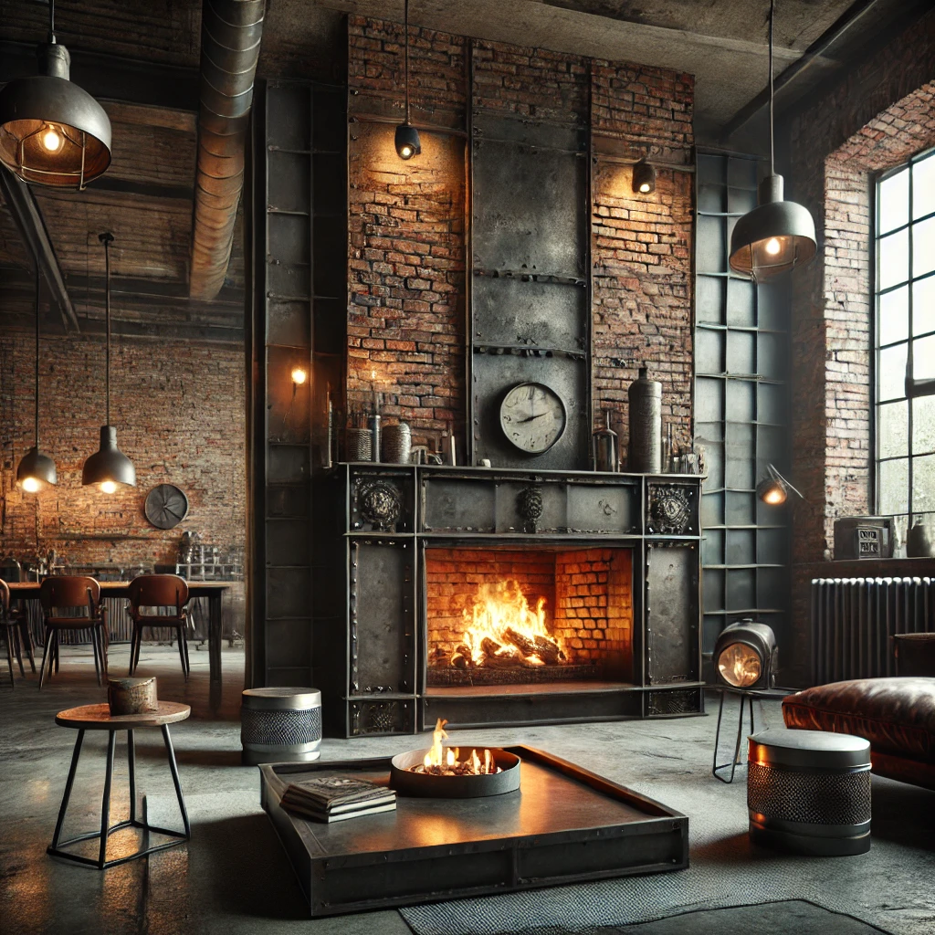 Industrial Fireplace with Exposed Metal and Brick