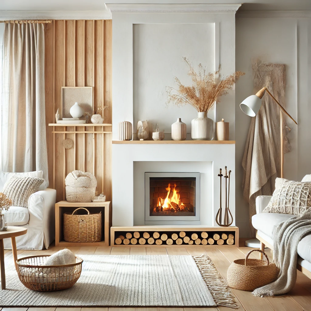 Scandinavian-Style Fireplace with White and Wood Accents