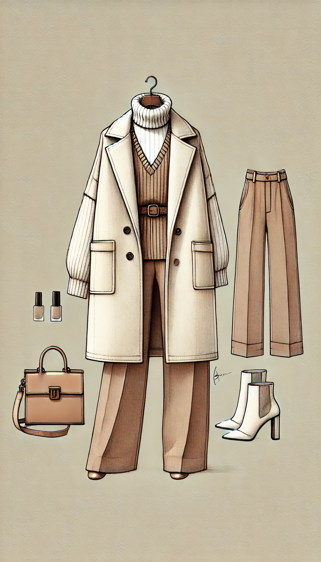 Vest Coat with Turtleneck and Wide-Leg Pants