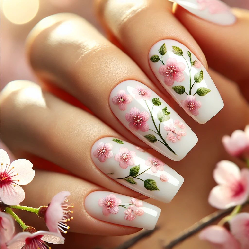 Delicate White Nails with Pink Flowers