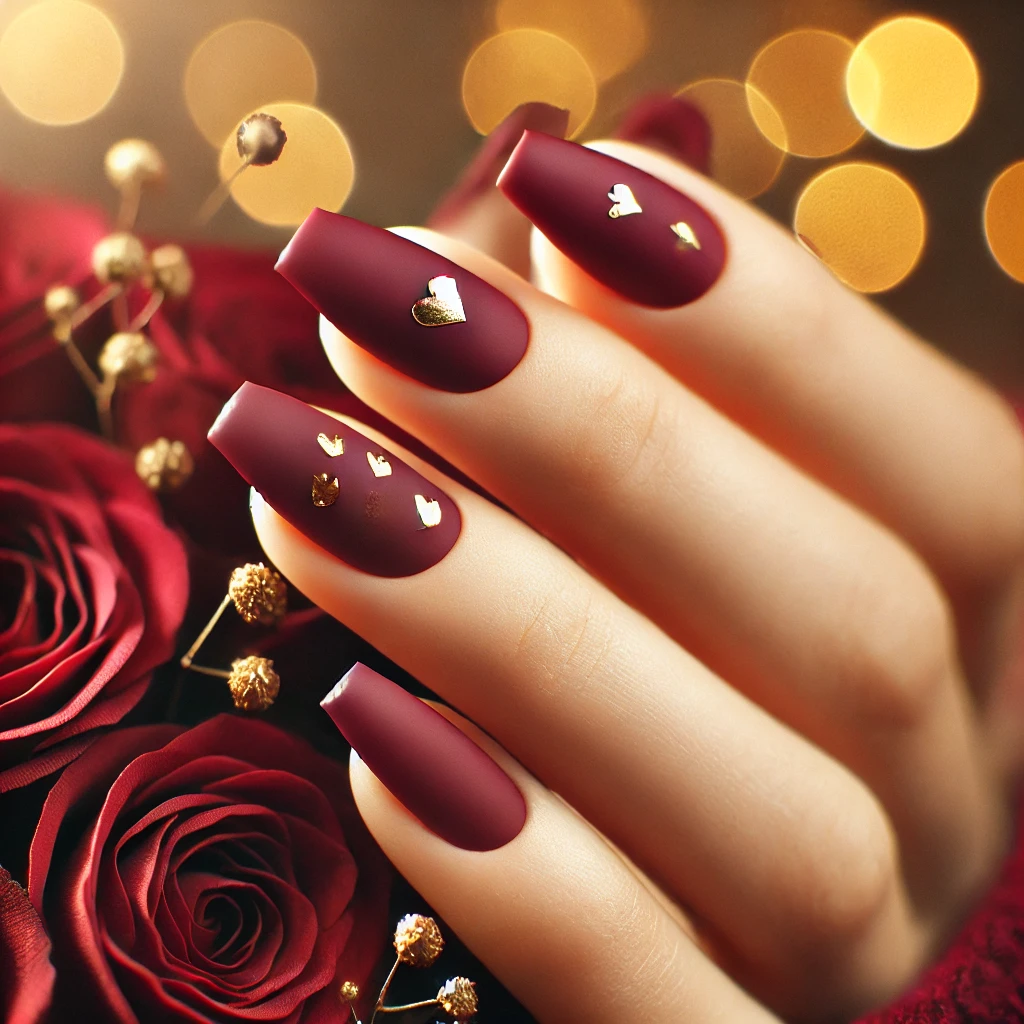 Matte Burgundy Nails with Gold Hearts