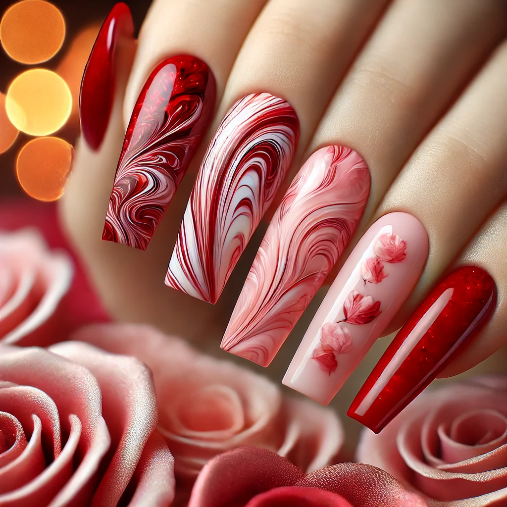 Red and Pink Marble Nails