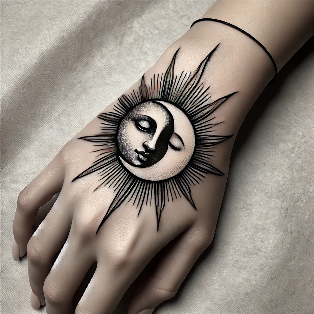 Sun and Moon Hand Tattoo